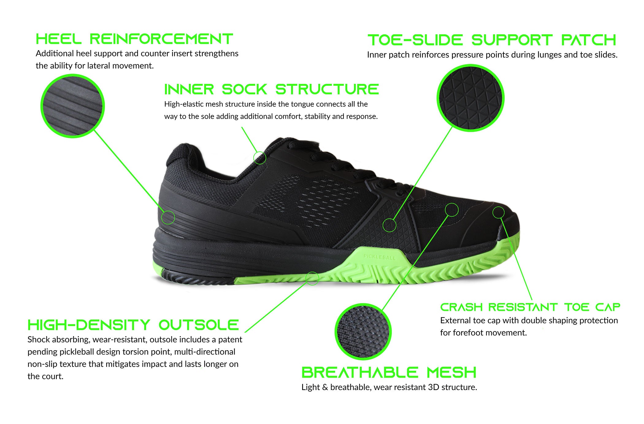 Durable, longer-lasting court shoes for pickleball.